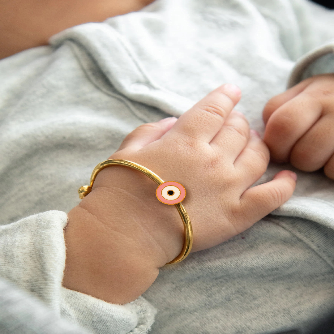Evil eye Pastel pink Silver adjustable kids bangle