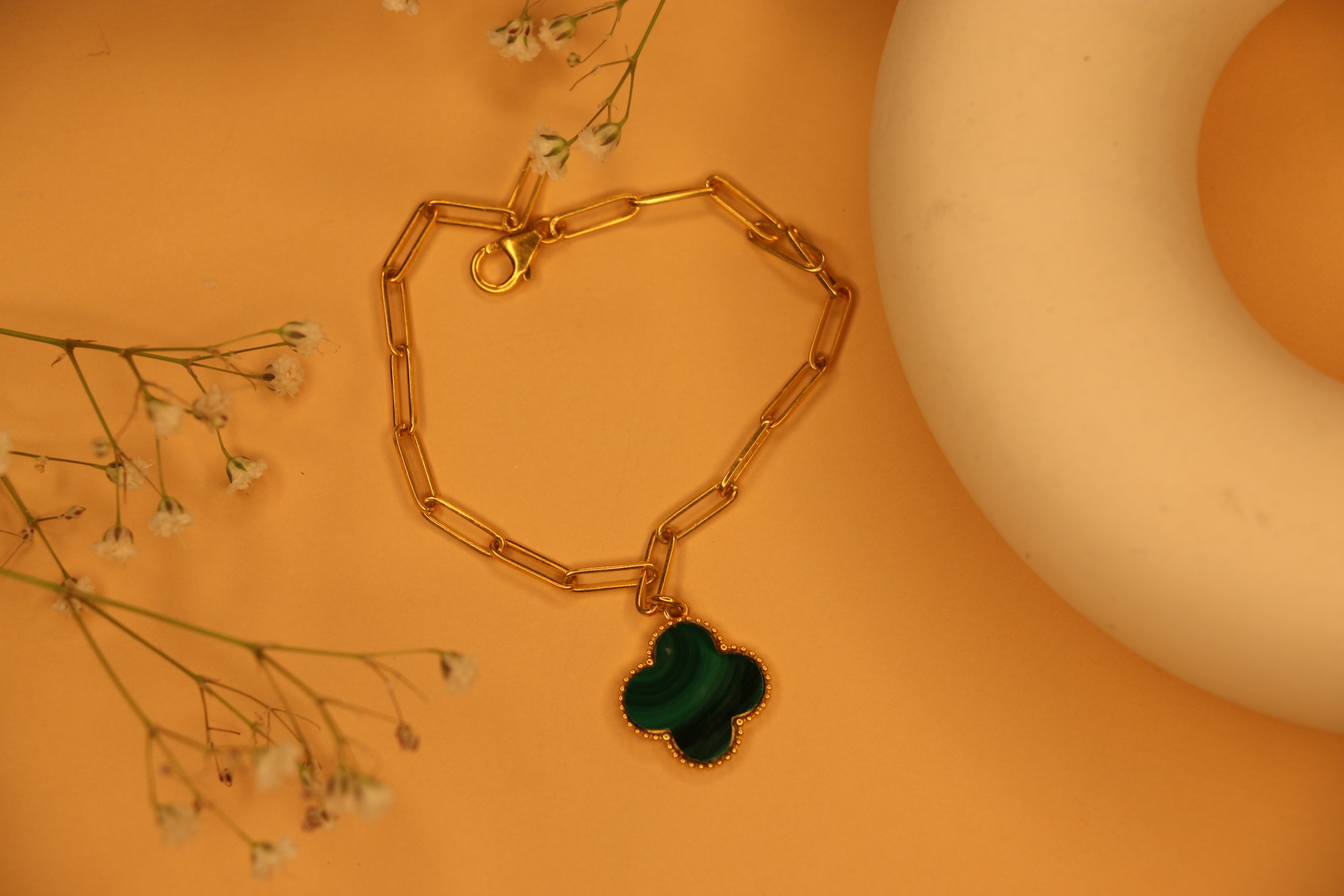 Malachite clover clip bracelet