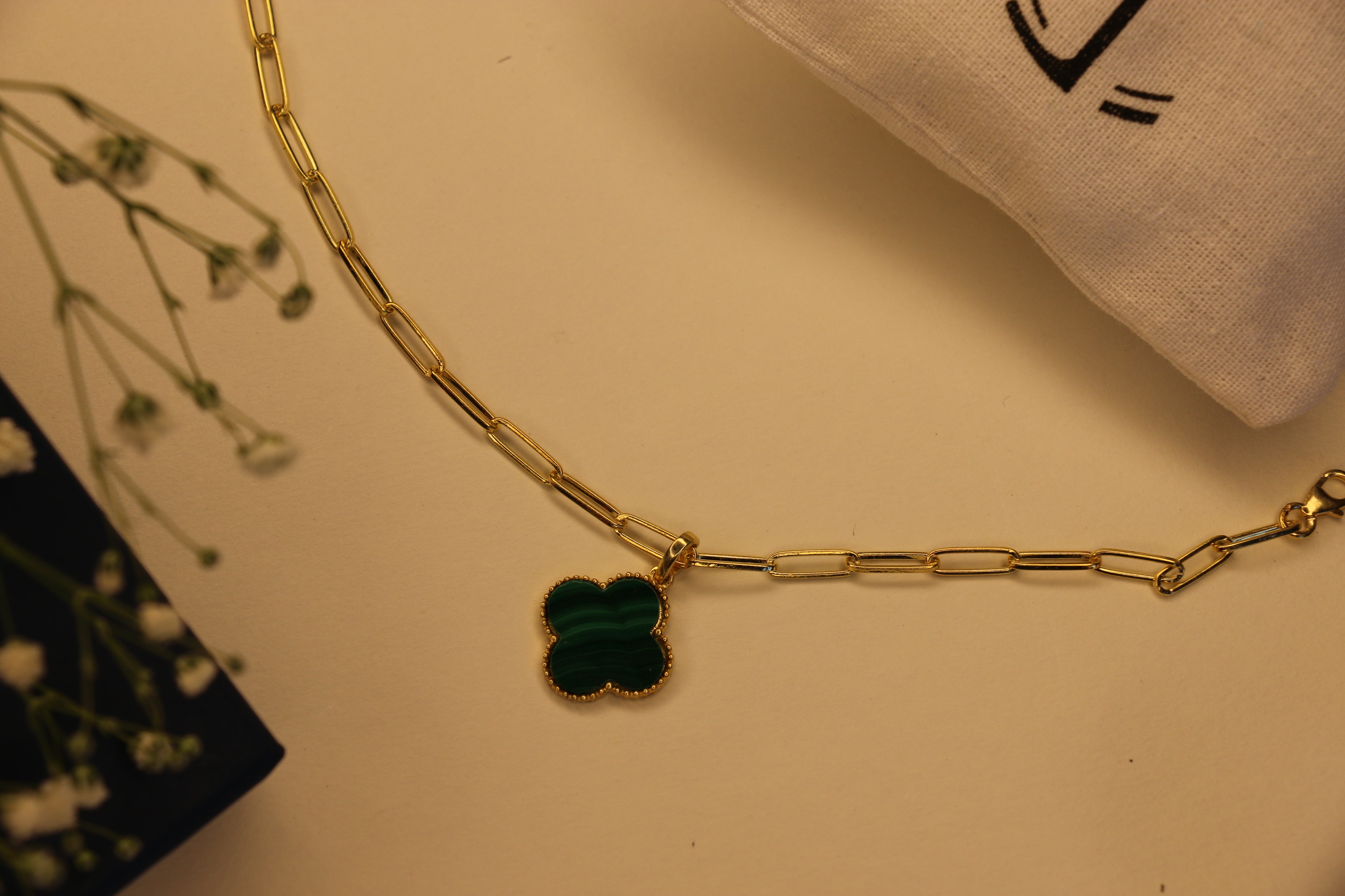 Malachite clover charm clip bracelet