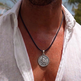 Aquarius Coin 92.5 Silver Black Cord Necklace For Men
