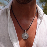 Aries Coin 92.5 Silver Black Cord Necklace For Men