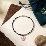 Crown 92.5 silver kids Black Beads Anklet