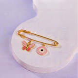 Butterfly and Evil Eye Pink 92.5 silver Safety Pin Brooch for Kids
