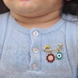 Flower and Evil Eye Blue 92.5 silver Safety Pin Brooch for Kids