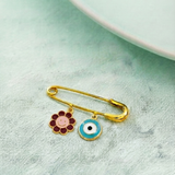 Flower and Evil Eye Blue 92.5 silver Safety Pin Brooch for Kids