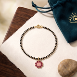 Flower 92.5 silver kids Black Beads Anklet