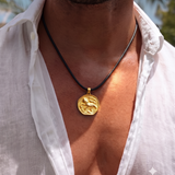 Leo Coin 92.5 Silver Black Cord Necklace For Men