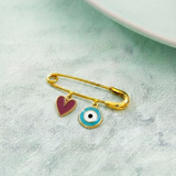 Heart and Evil Eye Blue 92.5 silver Safety Pin Brooch for Kids