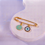 Initial Blue and Evil Eye 92.5 silver Safety Pin Brooch for Kids