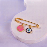 Initial Pink and Evil Eye 92.5 silver Safety Pin Brooch for Kids