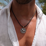Leo Coin 92.5 Silver Black Cord Necklace For Men