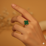 Malachite clover 92.5 silver adjustable ring