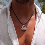 Mandala 92.5 Silver Black Cord Necklace For Men