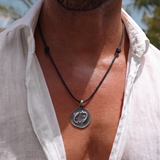 Pisces Coin 92.5 Silver Black Cord Necklace For Men