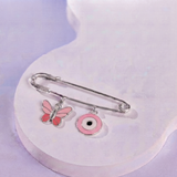 Butterfly and Evil Eye Pink 92.5 silver Safety Pin Brooch for Kids