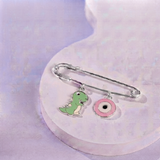 Dinosour and Evil Eye Pink 92.5 silver Safety Pin Brooch for Kids