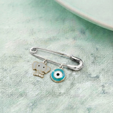 Elephant and Evil Eye Blue 92.5 silver Safety Pin Brooch for Kids