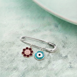Flower and Evil Eye Blue 92.5 silver Safety Pin Brooch for Kids