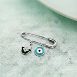 Hamsa and Evil Eye Blue 92.5 silver Safety Pin Brooch for Kids