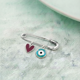 Heart and Evil Eye Blue 92.5 silver Safety Pin Brooch for Kids