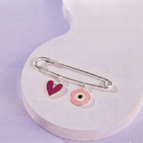 Heart and Evil Eye Pink 92.5 silver Safety Pin Brooch for Kids