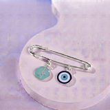 Initial Blue and Evil Eye 92.5 silver Safety Pin Brooch for Kids