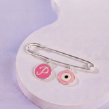 Initial Pink and Evil Eye Pink 92.5 silver Safety Pin Brooch for Kids