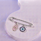 Labubu Pink and Evil Eye 92.5 silver Safety Pin Brooch for Kids