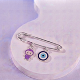Labubu Purple and Evil Eye 92.5 silver Safety Pin Brooch for Kids