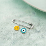 Smiley and Evil Eye Blue 92.5 silver Safety Pin Brooch for Kids