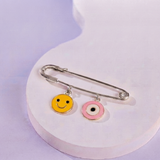 Smiley and Evil Eye Pink 92.5 silver Safety Pin Brooch for Kids