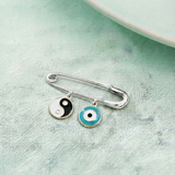 Yin Yang and Evil Eye Blue 92.5 silver Safety Pin Brooch for Kids