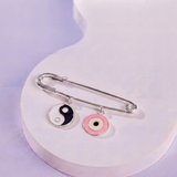 Yin Yang and Evil Eye Pink 92.5 silver Safety Pin Brooch for Kids