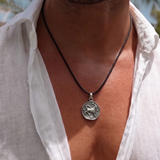 Taurus Coin 92.5 Silver Black Cord Necklace For Men