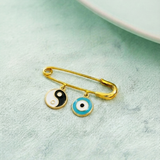 Yin Yang and Evil Eye Blue 92.5 silver Safety Pin Brooch for Kids