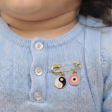 Yin Yang and Evil Eye Pink 92.5 silver Safety Pin Brooch for Kids